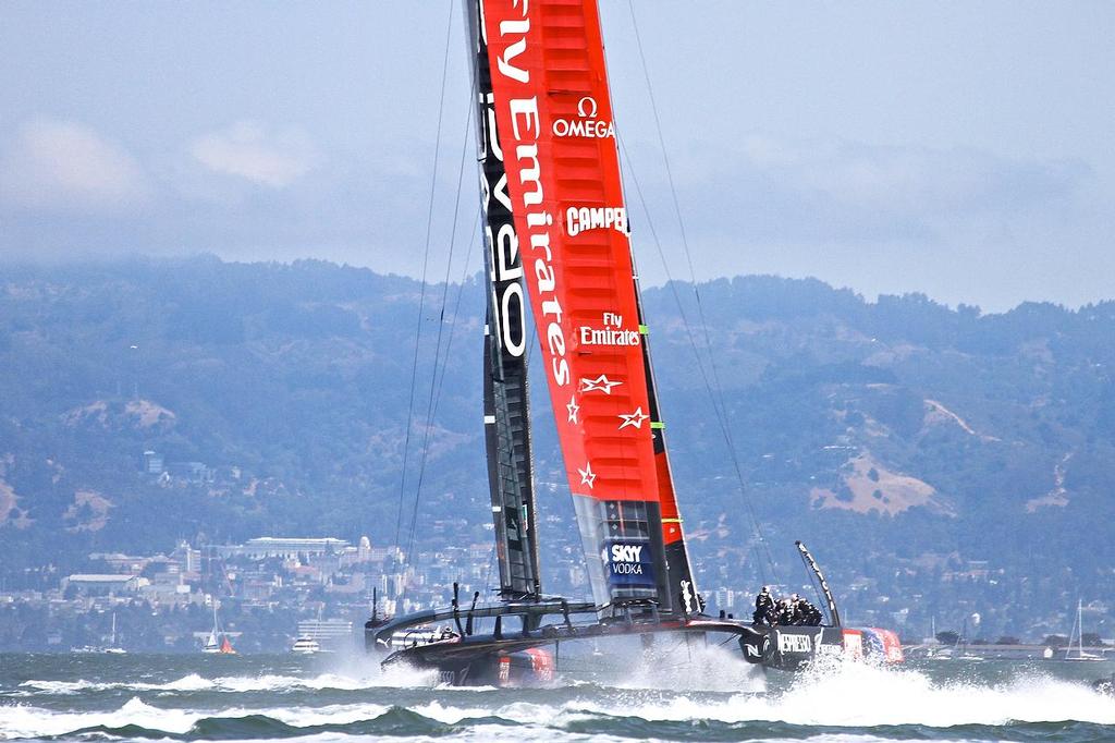 Oracle Team USA v Emirates Team New Zealand. America’s Cup Day 3, San Francisco. Emirates Team NZ trails Oracle Team USA on Leg 2 of Race 5 © Richard Gladwell www.photosport.co.nz